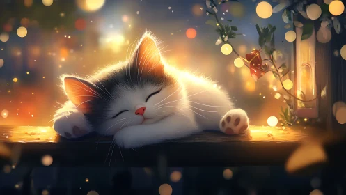 Luminous white cat resting peacefully amid glowing golden bokeh