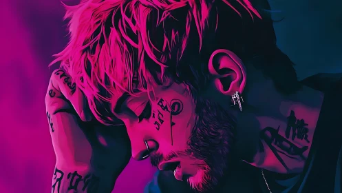 Side profile digital portrait depicts tattooed subject in neon lighting