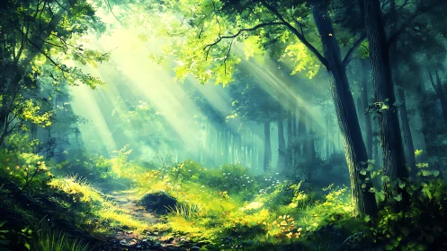 Sunlit Forest Path Through Ancient Woods.