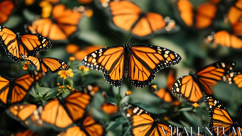 Monarch butterflies clustered on orange flowers in garden.