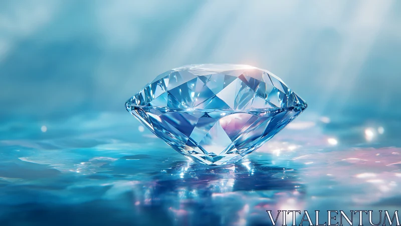 Luminous diamond afloat on shimmering blue liquid plane.