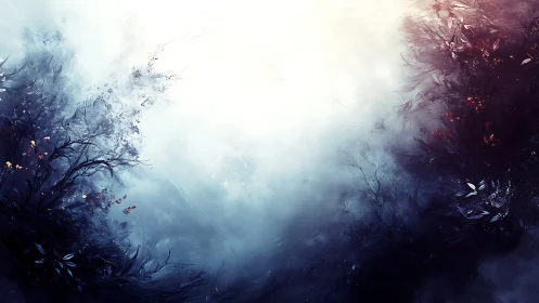 Ethereal mist divides dark enchanted forest silhouettes