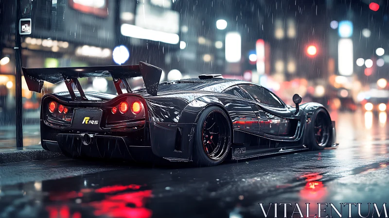 Black racing car on wet neon city street at night in rain.