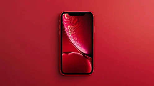 Red iPhone with Swirled Abstract Wallpaper Against Monochromatic Background