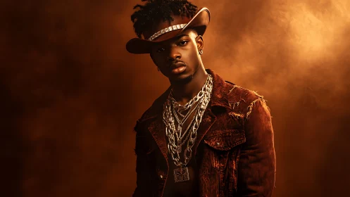 Stylized cowboy portrait merges urban jewelry with cinematic light