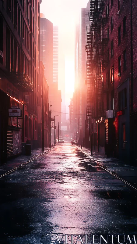Sunlit wet alley divides tall city buildings at dawn