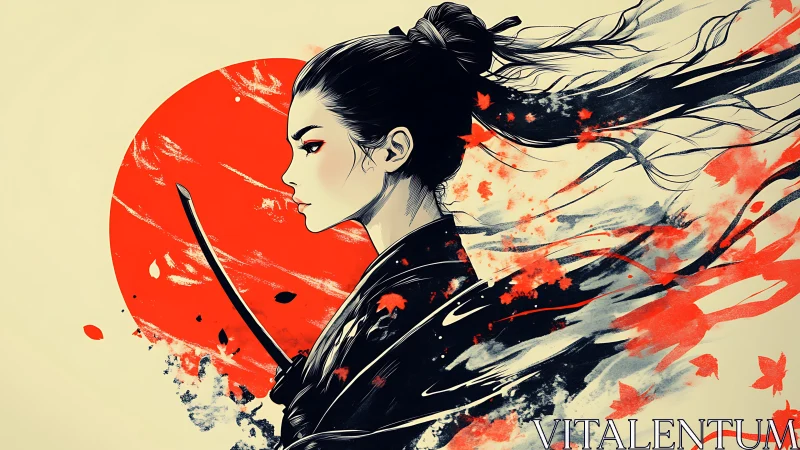 Samurai woman profile with red sun and flowing ink art.