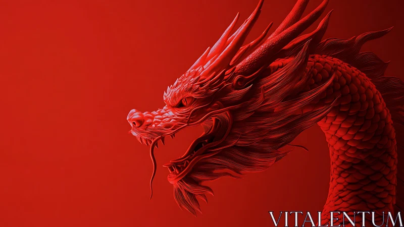 Majestic red dragon in profile against a glowing scarlet sky.