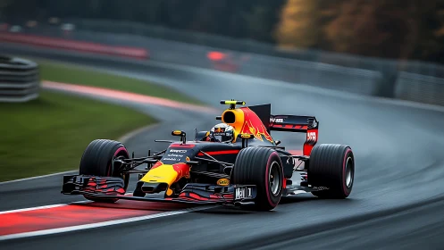 Formula 1 car powers through wet chicane under motion blur