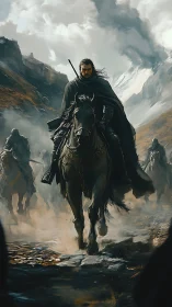 Armored rider leading cloaked cavalry through stormed pass