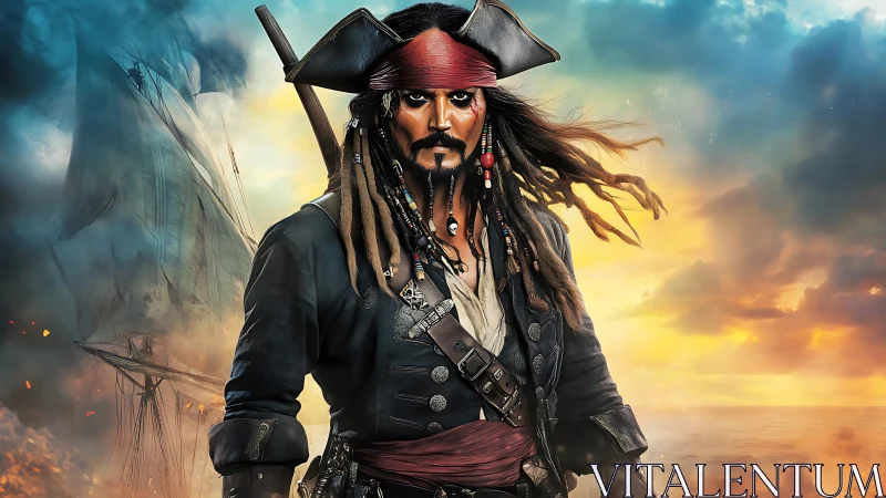 High-detail digital pirate captain portrait at sea sunset