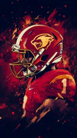 Side profile football player in red helmet amid paint bursts