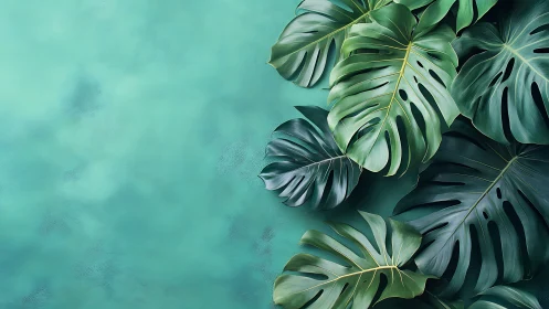 Digital painting of monstera foliage on teal textured ground.