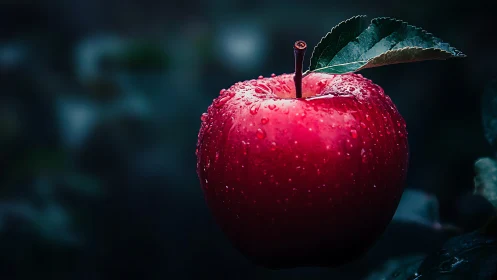 Single red apple is suspended against a dark blurred background