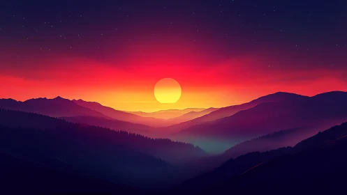 Radiant neon sunset over layered digital mountain ranges.