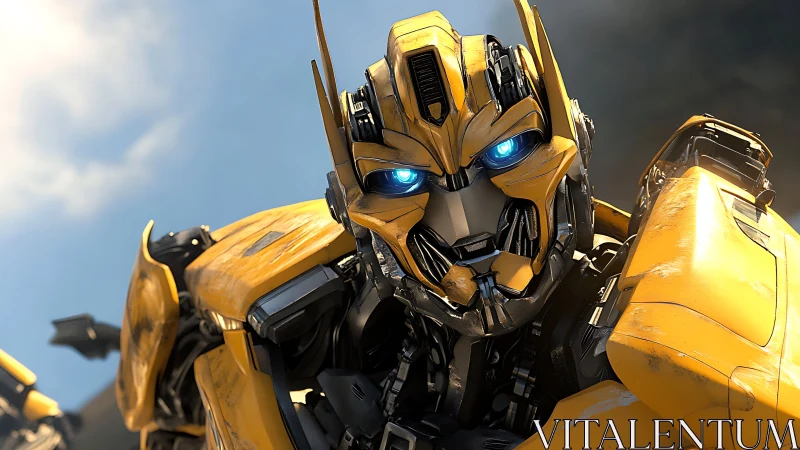 Armored yellow combat robot stares ahead with glowing eyes.