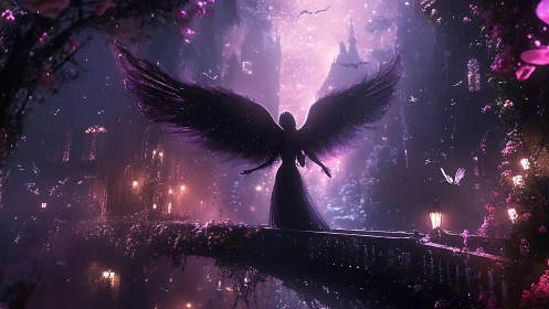 Winged figure on bridge in luminous fantasy cityscape.