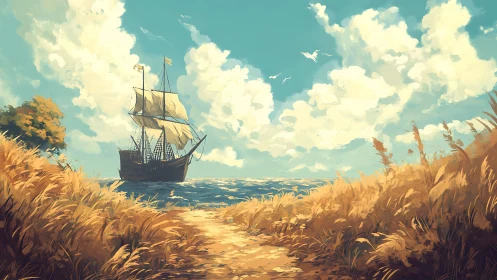 Sunlit shore waits while the wandering tall ship dreams