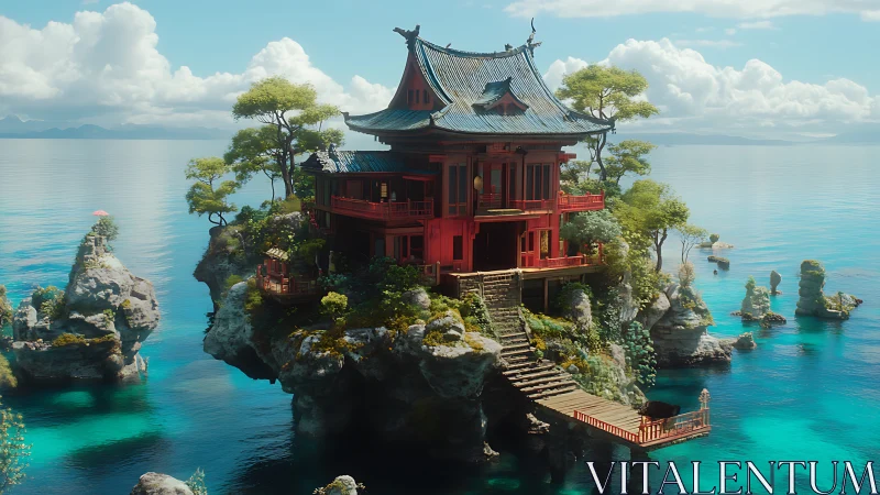 Asian Temple on Rocky Island with Turquoise Waters
