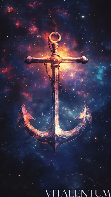 Galvanized anchor silhouette suspended within nebular starfield glow