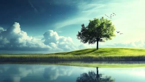 Lone tree on windblown hill mirrored in tranquil lake at dawn.