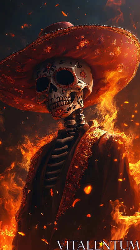 Flaming mariachi skeleton strides through ember-bright night.