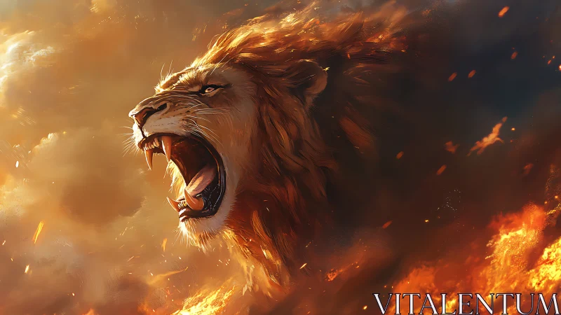 Lion head profile in firelit environment, roaring outward.