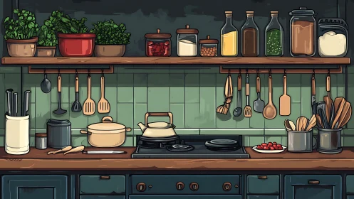 Illustrated kitchen counter and shelving show organized cookware