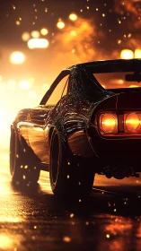 Muscle car rear view in cinematic wet street bokeh glow.