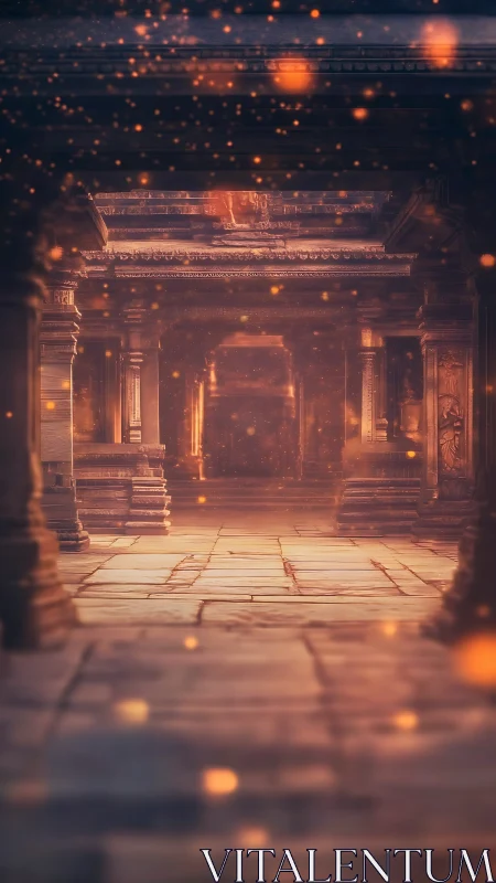 Ancient stone colonnade rendered with warm atmospheric depth