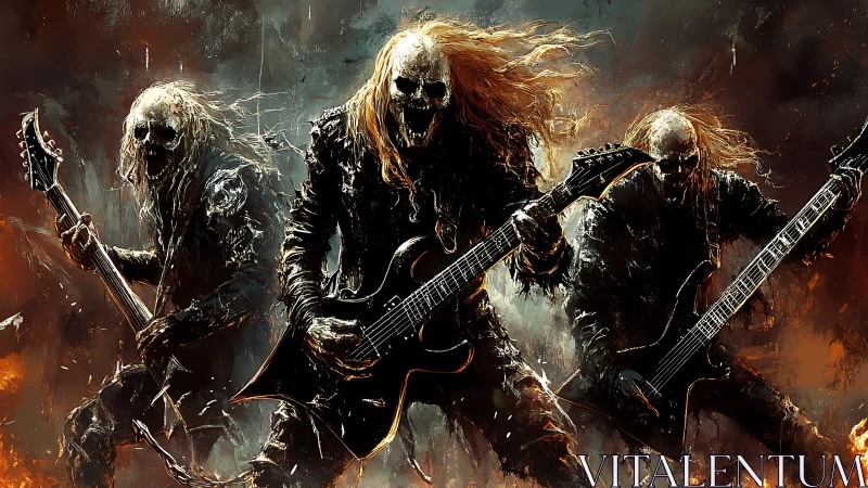Fiery skeleton rock band shredding through the chaos.