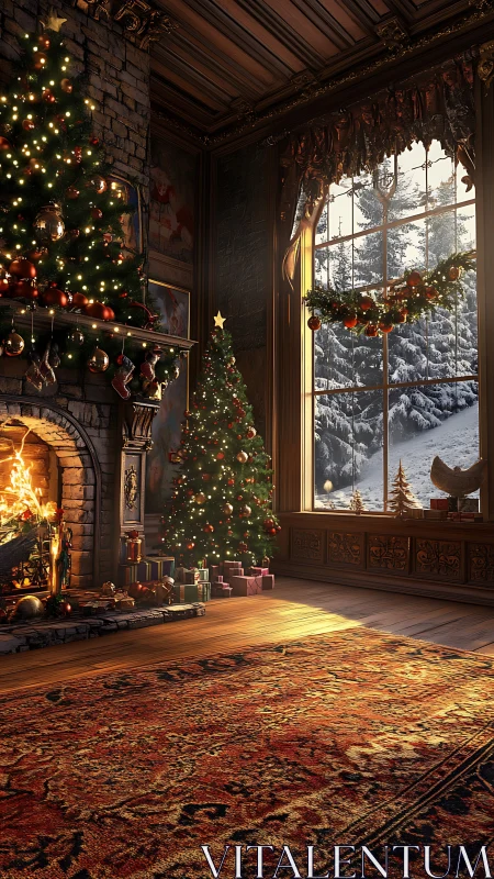 Firelit pine trees trade secrets with the snowy window