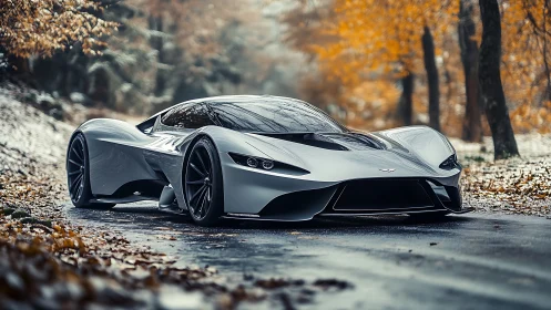 Silver futuristic supercar on wet forest road in autumn.