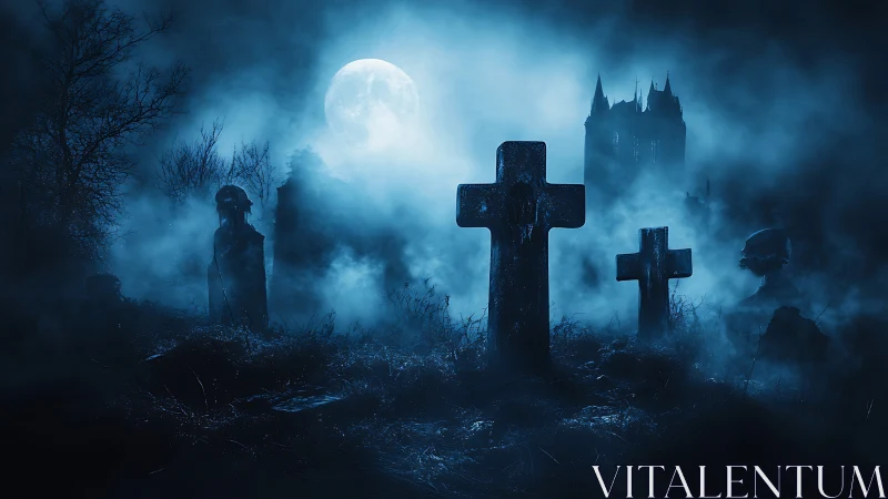 Moonlit graveyard with crosses and distant cathedral silhouettes.