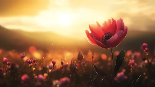 Red Poppies at Golden Hour Sunset.