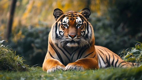 Calm tiger rests in sunlit forest grass with quiet strength