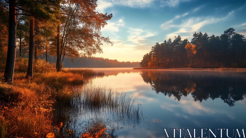 Autumn shoreline reflected across still lacustrine mirror plane.
