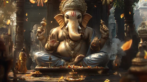 Golden Ganesha in temple twilight, blessing petals and prayer.