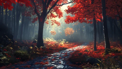 Autumn's Crimson Path Through the Misty Woods.