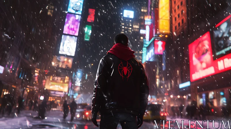 Snowy city night with a lone urban hero in bright neon.