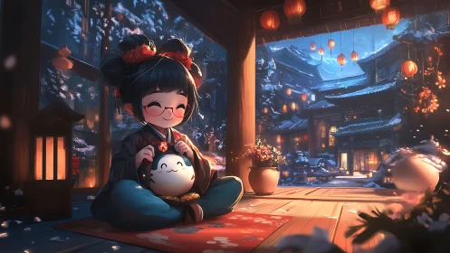 Snowlit chibi courtyard with lantern-lit architectural depth.