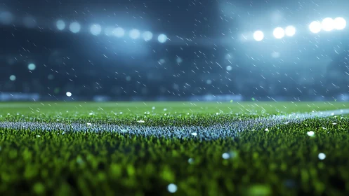 Rainy night soccer field glowing softly under stadium lights.