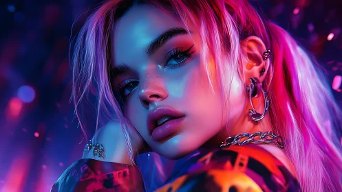 Neon lit portrait of stylized woman with pink hair profile.