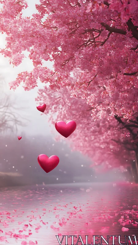 Pink Blossom Tree with Floating Hearts.