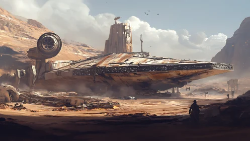 Downed starship dominates windswept desert salvage yard