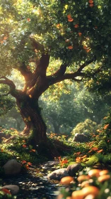 Sunlit orange grove tree above a shimmering forest stream.