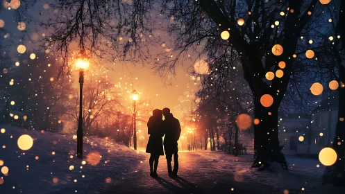 Magical Evening Kiss Under Glowing Winter Lights