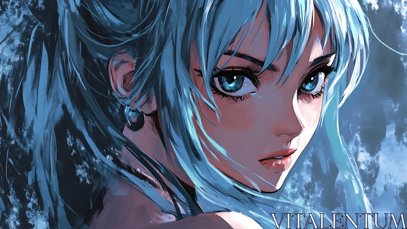 Blue haired anime girl looks back with intense direct gaze