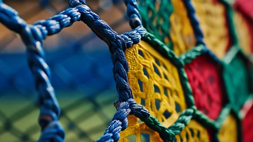 Color-woven playground net in sunlit geometric close-up.