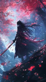 Backlit armored swordsman silhouettes under saturated crimson canopy